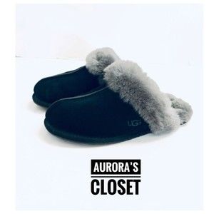 Ugg 6 Blakc Scuffette Gray Shearling House Slipper Slide